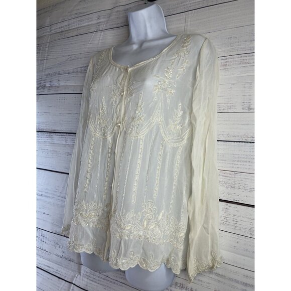 Vintage Soft Surroundings Sheer White Sequence Beaded Blouse M Whimsygoth Fairy - Picture 3 of 12